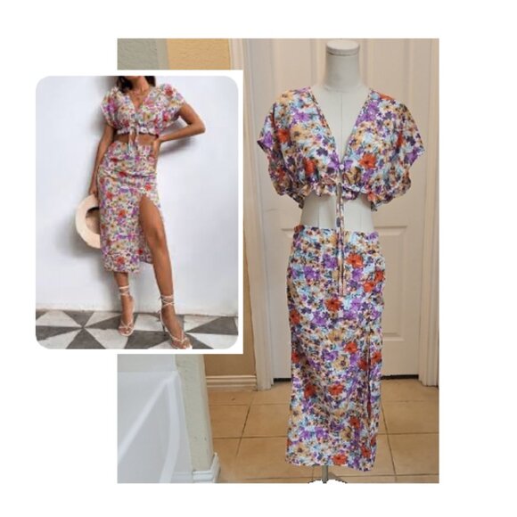 Shein Allover Floral Print Knot Hem Batwing Crop Top With Split Thigh Midi Skirt - Picture 1 of 10